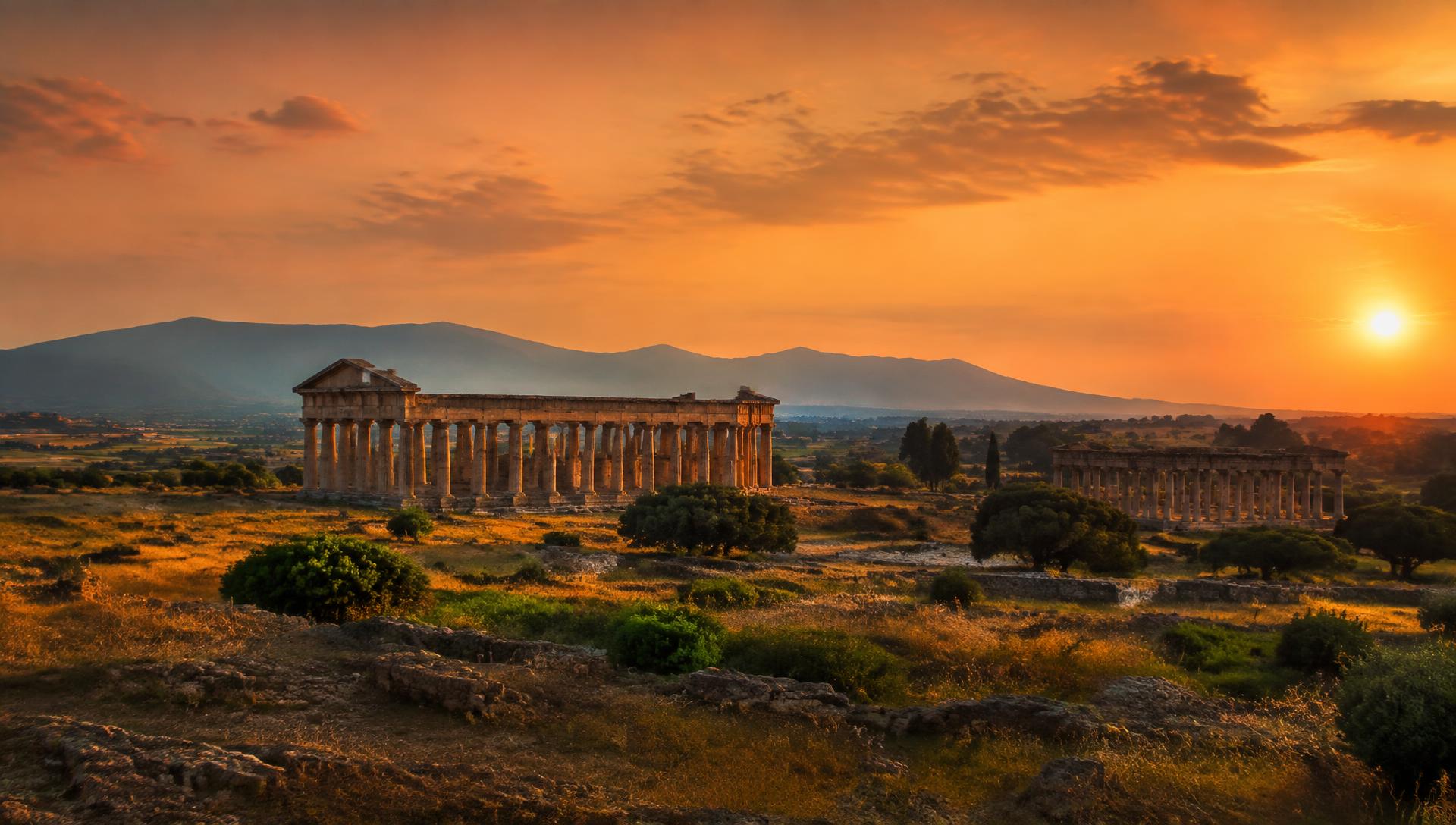 Templi antichi sulle colline al tramonto